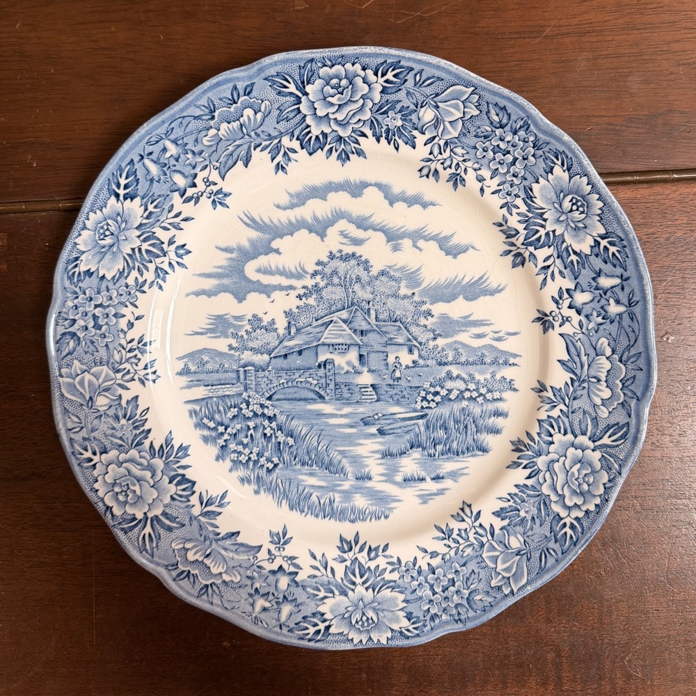 One 10” Olde Staffordshire Colonial Village English Ironstone Plate, Blue White